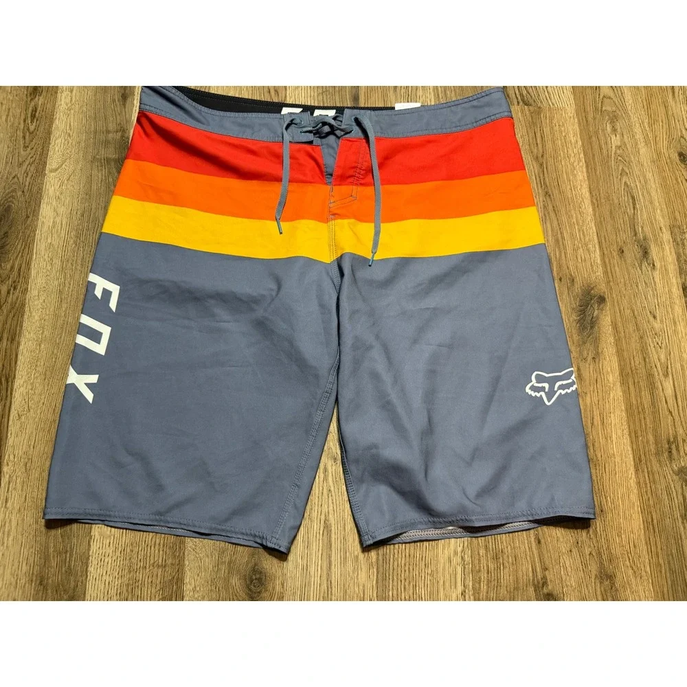 Fox Racing Board Shorts Mens Size 36 Blue Striped Swim Trunks Surf Retro Logo
